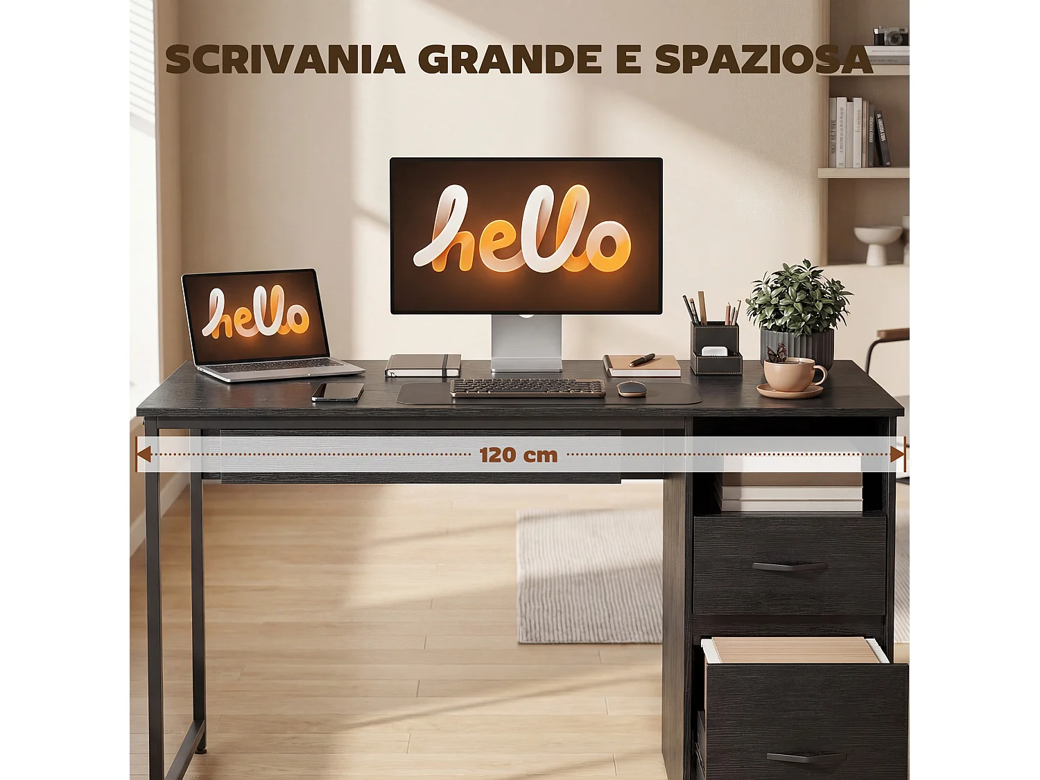 Scrivania ufficio salvaspazio con cassetti in legno nero