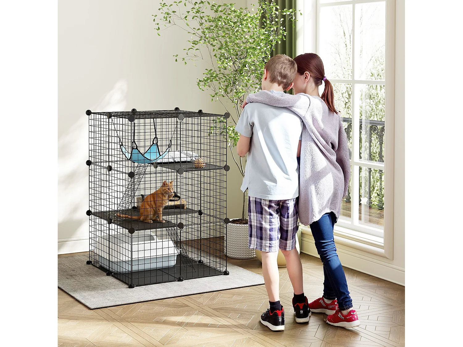 Gabbia per gatti personalizzabile a tre livelli in acciaio nero