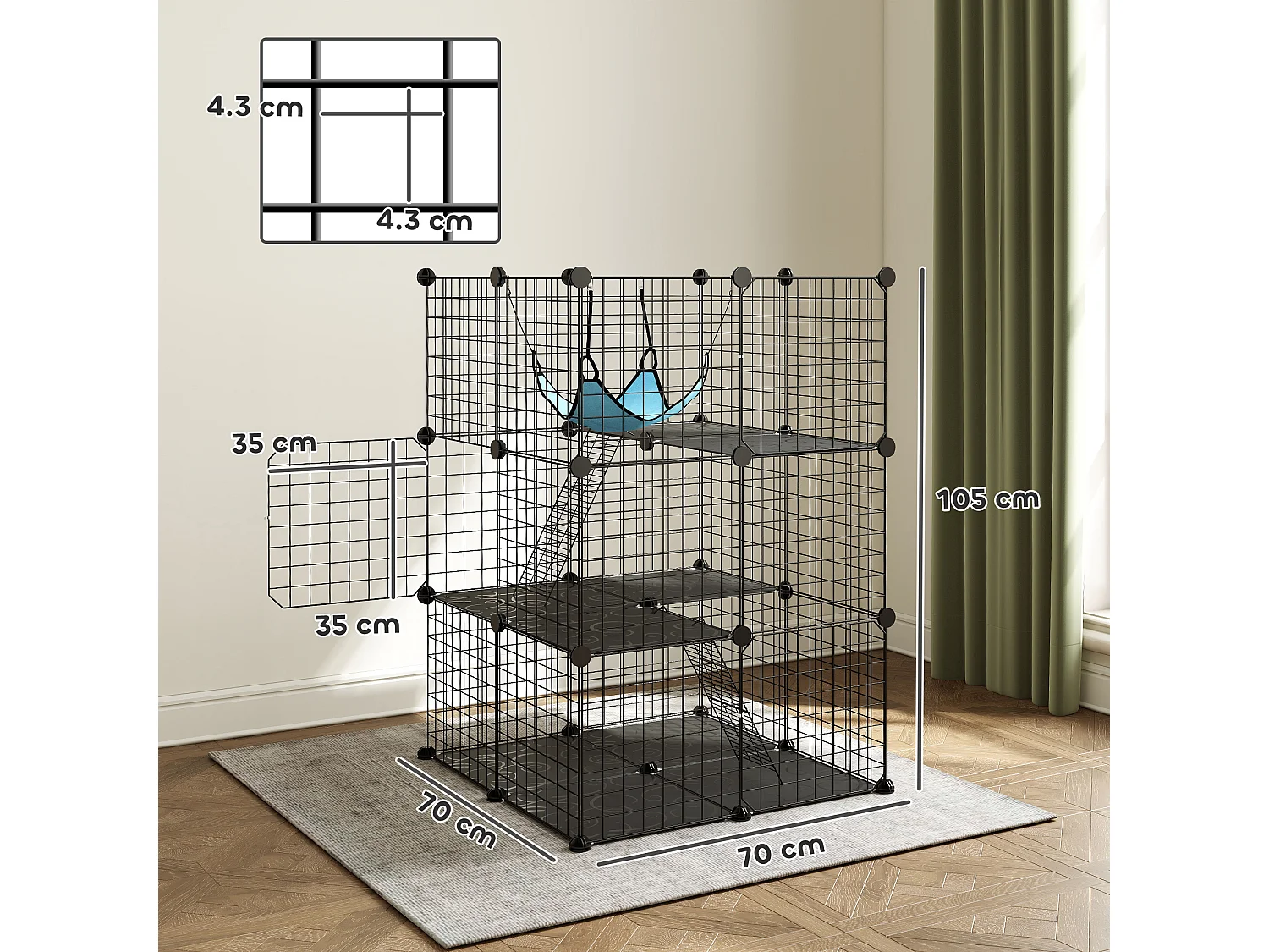 Gabbia per gatti personalizzabile a tre livelli in acciaio nero