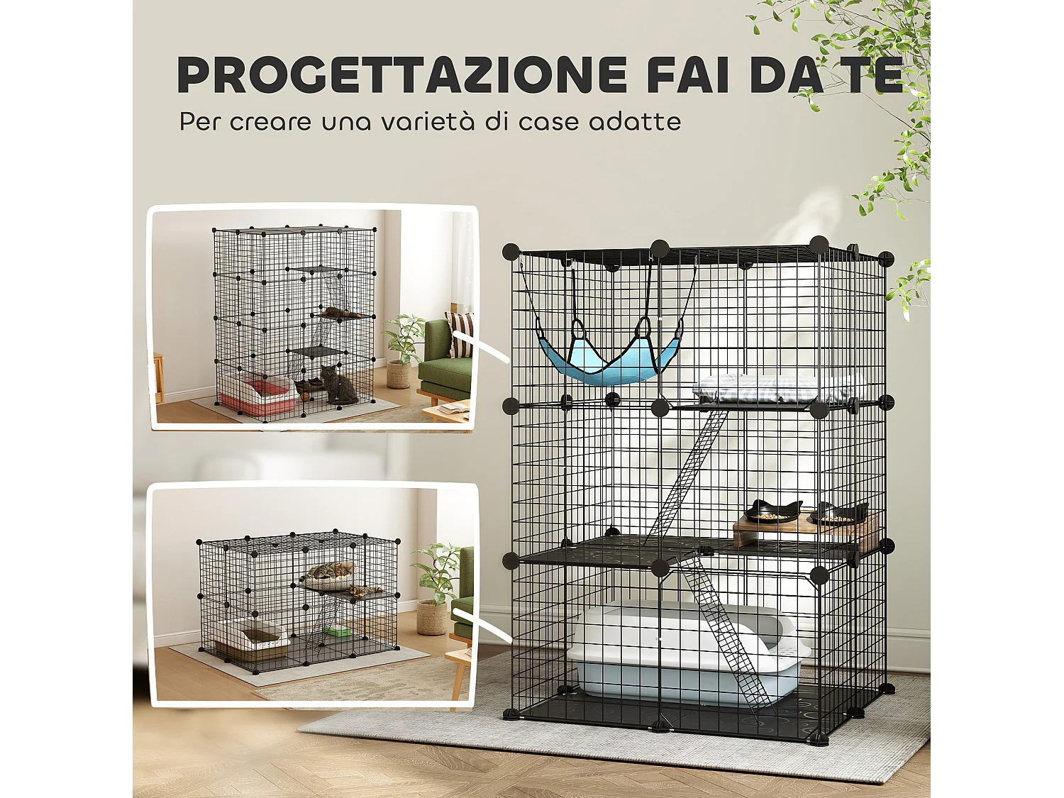 Gabbia per gatti personalizzabile a tre livelli in acciaio nero