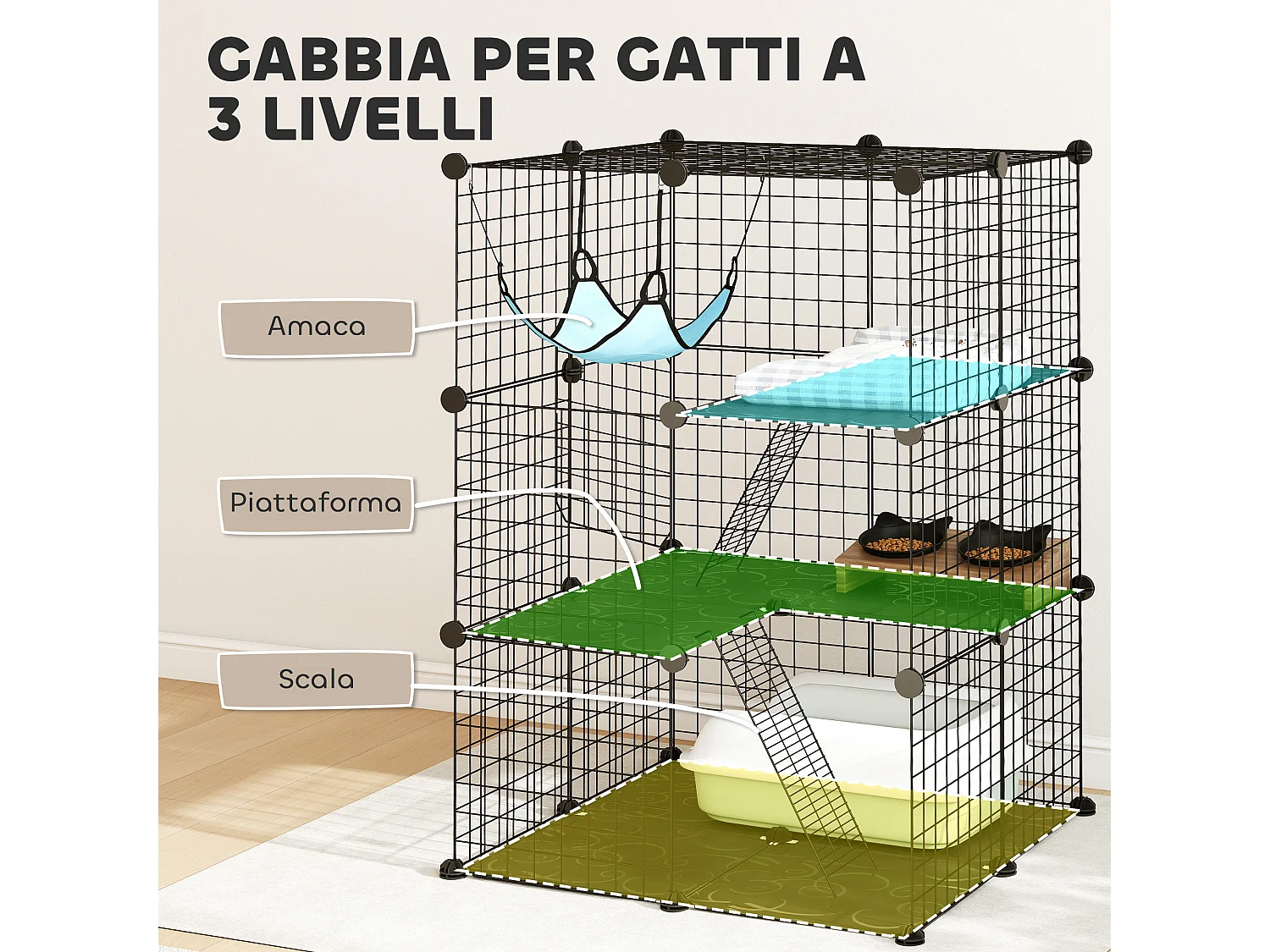 Gabbia per gatti personalizzabile a tre livelli in acciaio nero