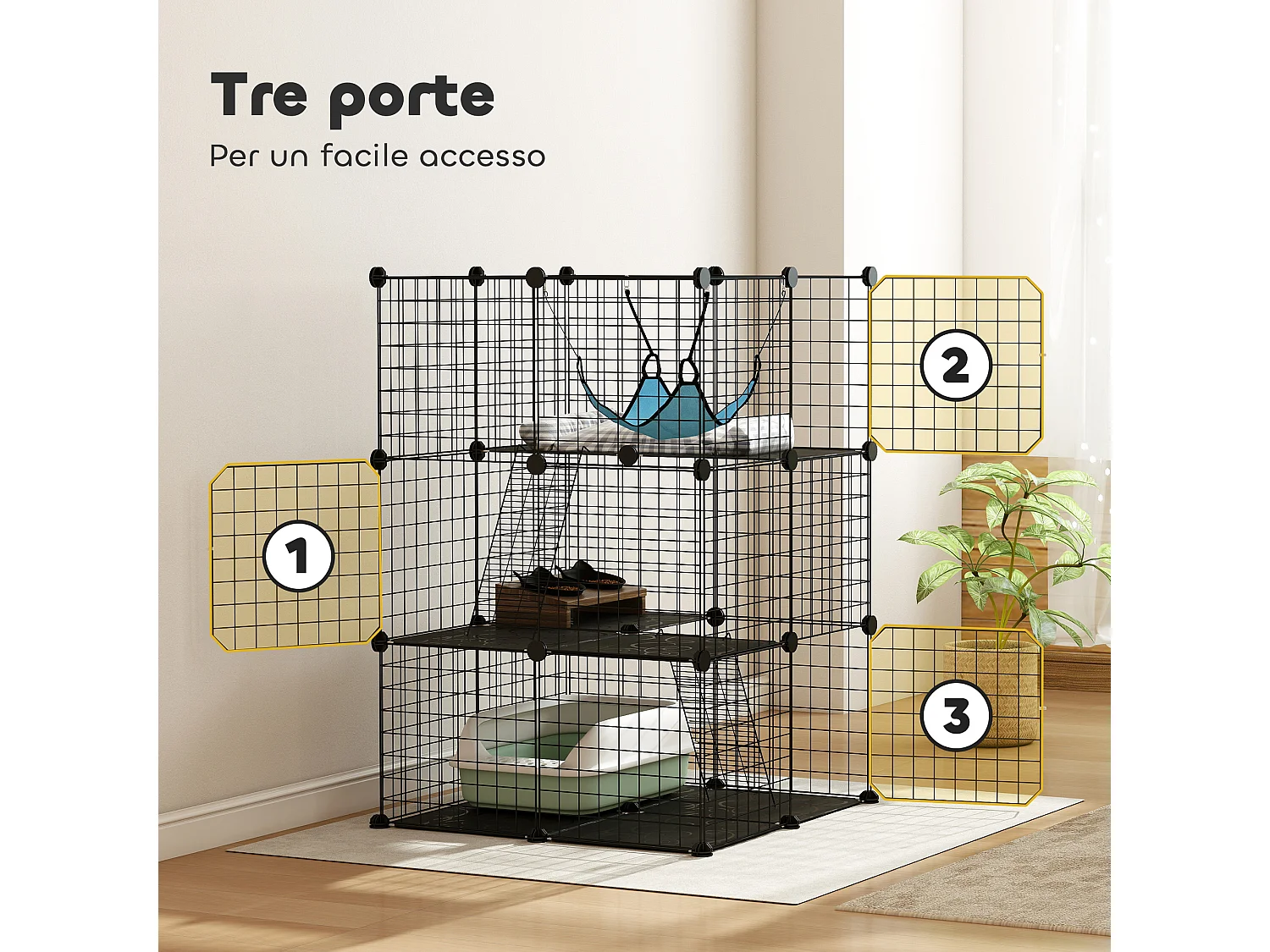 Gabbia per gatti personalizzabile a tre livelli in acciaio nero