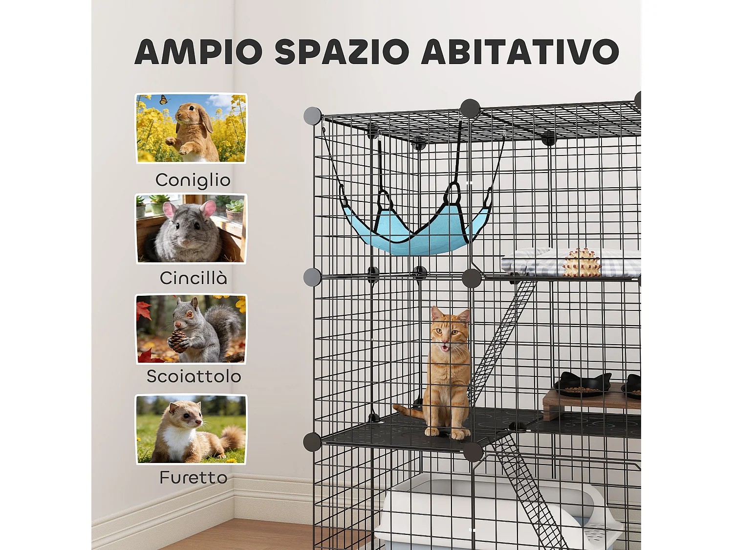 Gabbia per gatti personalizzabile a tre livelli in acciaio nero