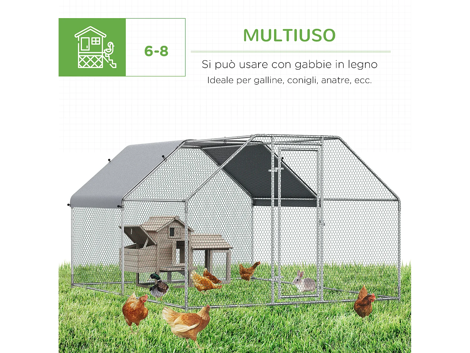 Gabbia recinto per galline metallo porta con blocco e copertura