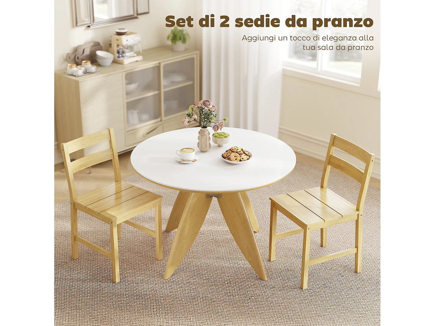 Set di 2 sedie da pranzo con schienale curvo in bambù naturale