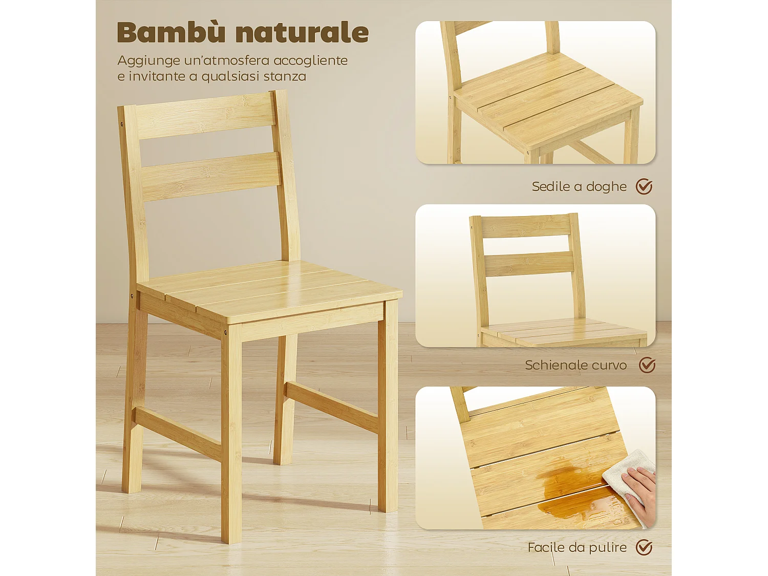 Set di 2 sedie da pranzo con schienale curvo in bambù naturale