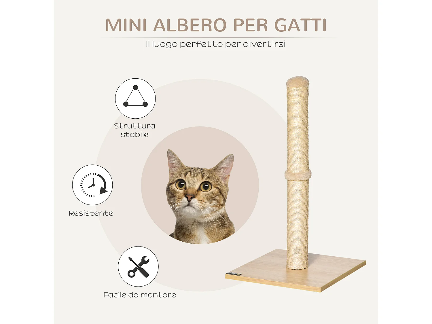 Albero tiragraffi per gatti alto 60 cm con palo in sisal beige