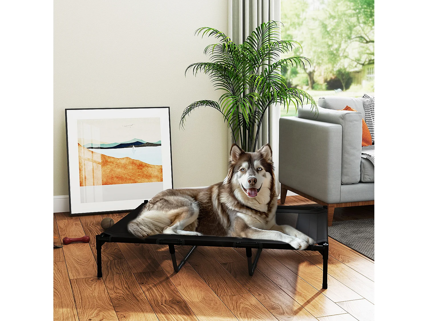 Lettino per cani rialzato in metallo e tessuto oxford nero