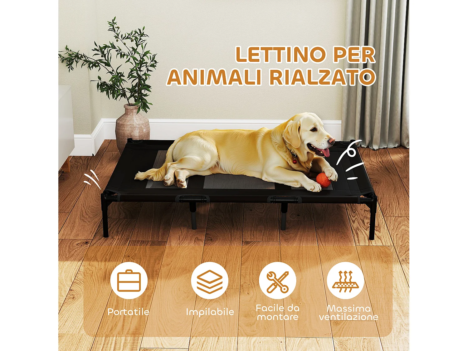 Lettino per cani rialzato in metallo e tessuto oxford nero