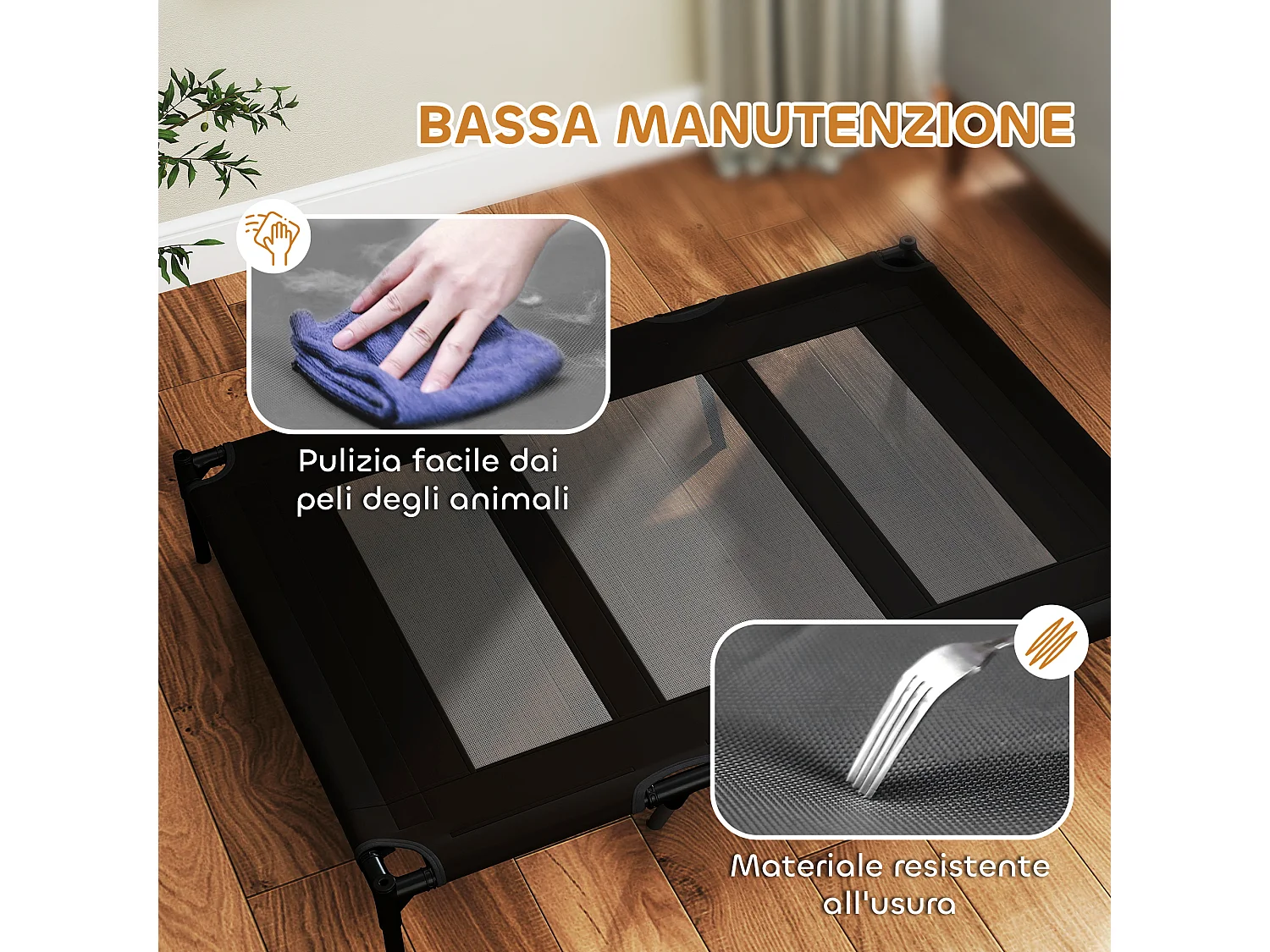 Lettino per cani rialzato in metallo e tessuto oxford nero