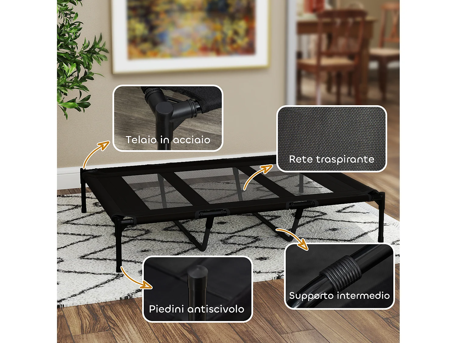 Lettino per cani rialzato in metallo e tessuto oxford nero