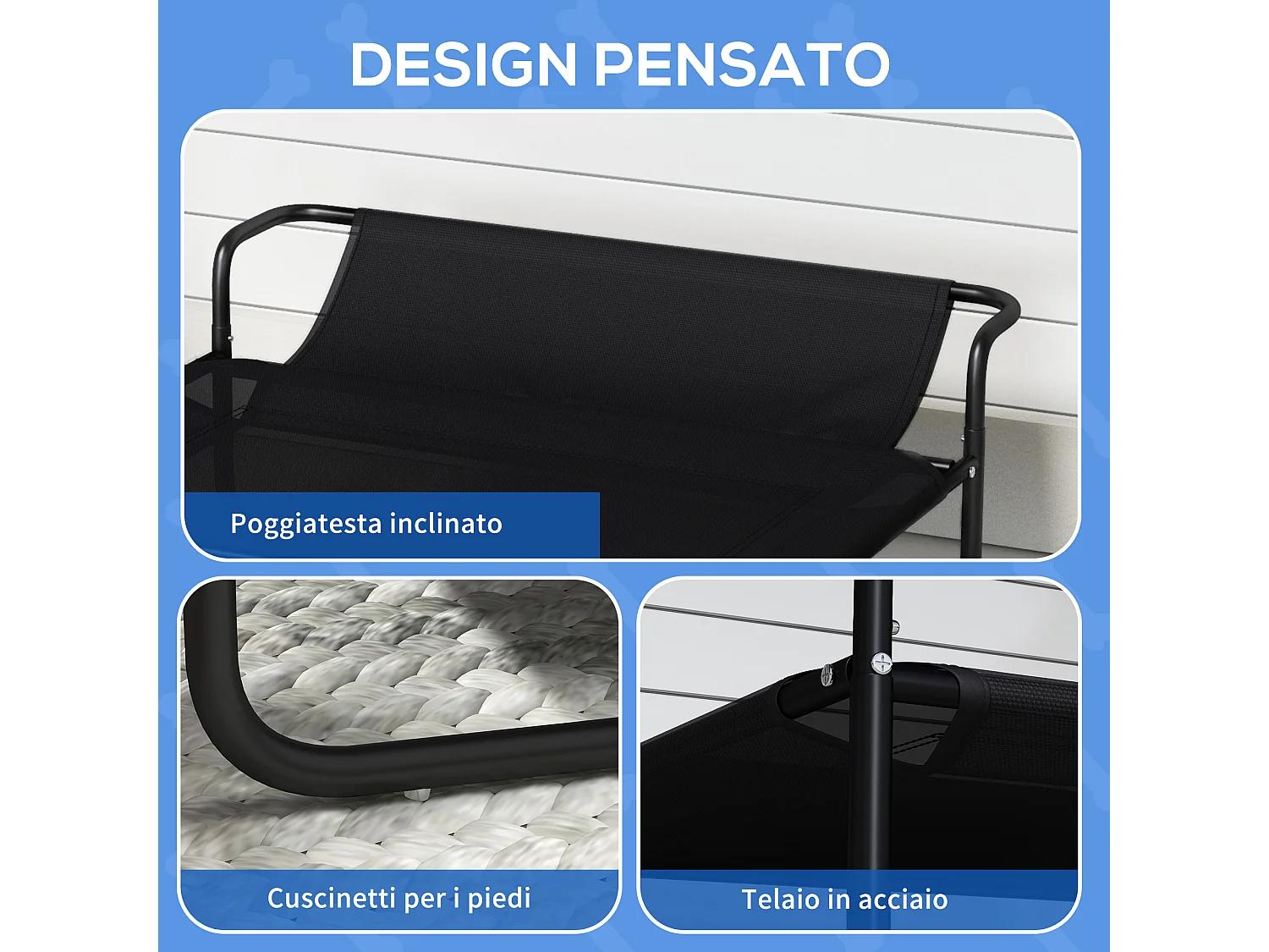 Lettino per cani piccoli e medi rialzato da esterno nero