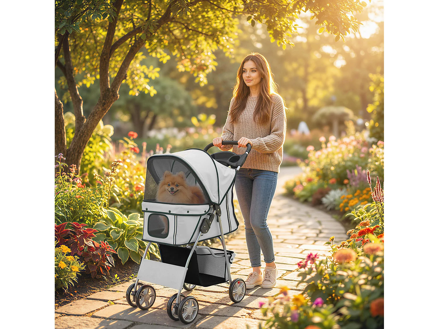 Passeggino per cani pieghevole con ruote girevoli grigio