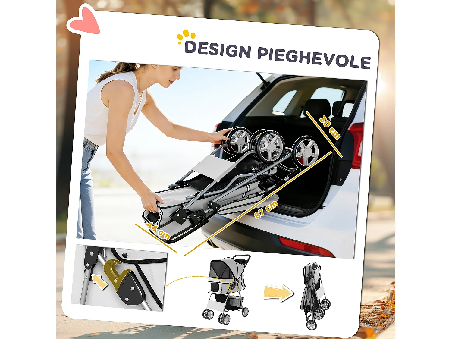 Passeggino per cani pieghevole con ruote girevoli grigio