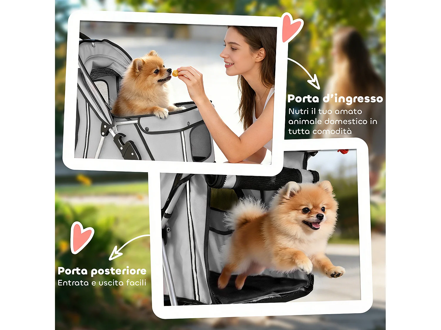 Passeggino per cani pieghevole con ruote girevoli grigio