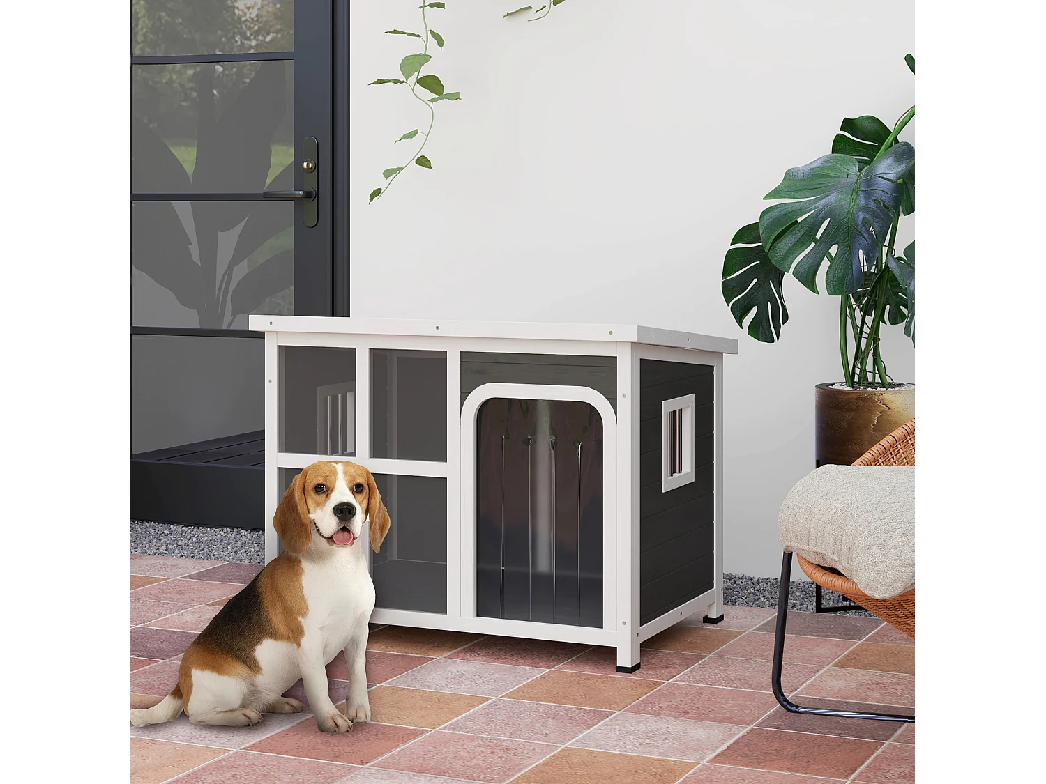 Casetta cani con finestre laterali e ingresso a tenda grigio chiaro