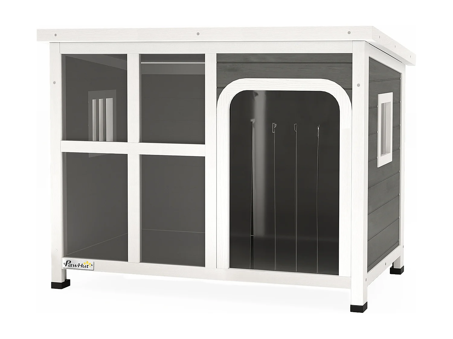 Casetta cani con finestre laterali e ingresso a tenda grigio chiaro