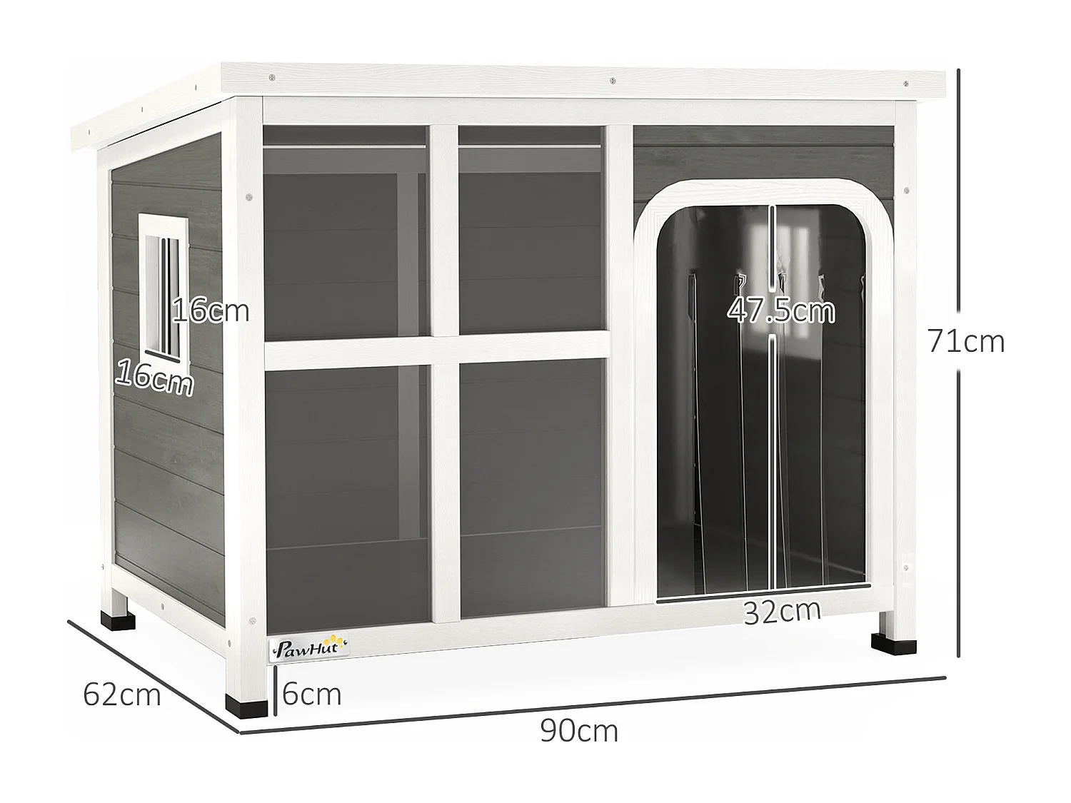 Casetta cani con finestre laterali e ingresso a tenda grigio chiaro