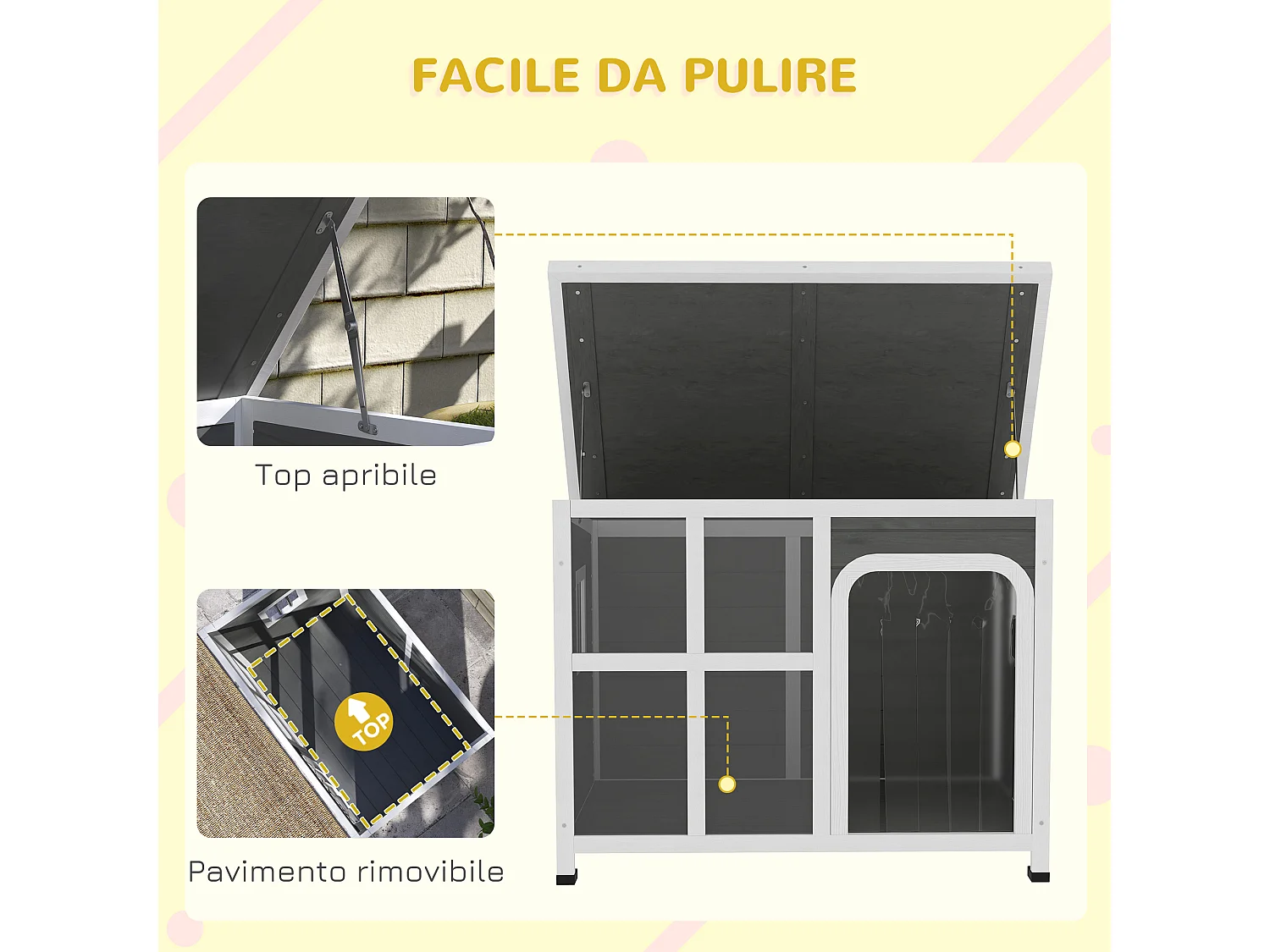 Casetta cani con finestre laterali e ingresso a tenda grigio chiaro