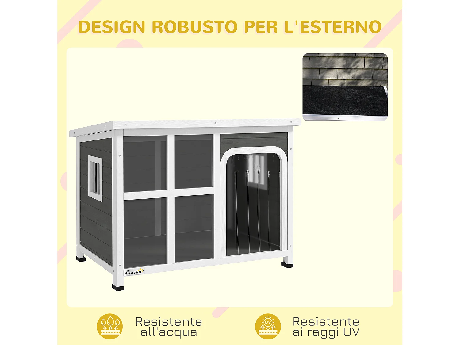 Casetta cani con finestre laterali e ingresso a tenda grigio chiaro