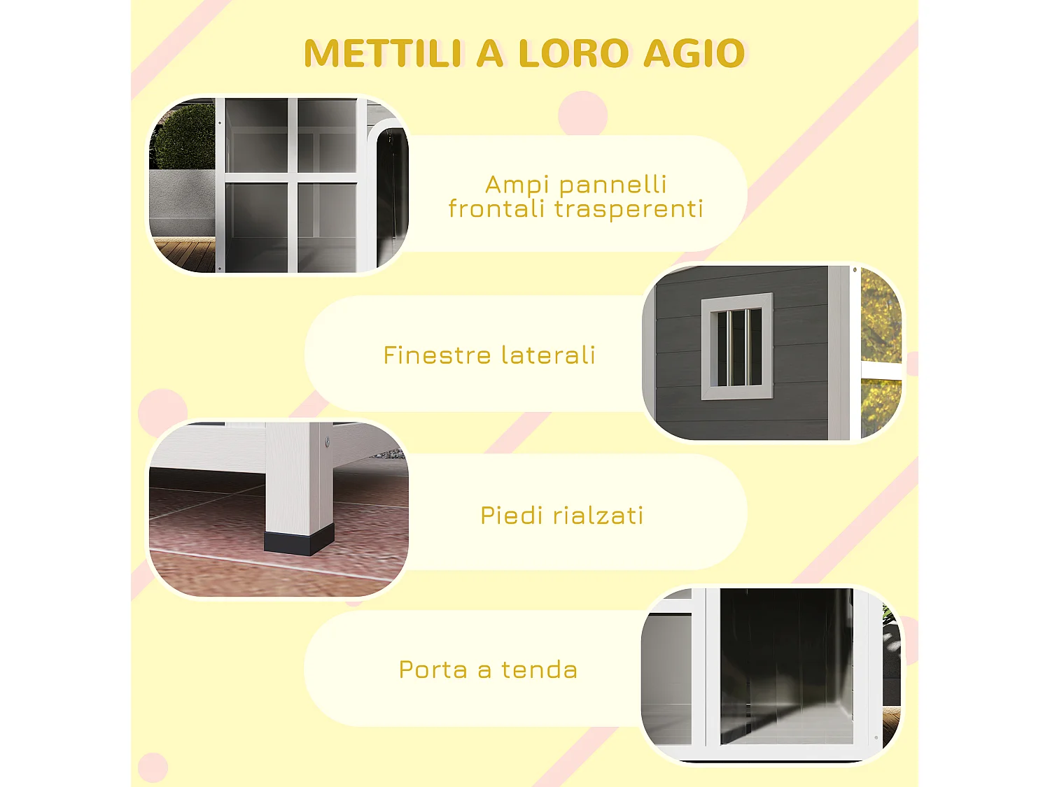 Casetta cani con finestre laterali e ingresso a tenda grigio chiaro