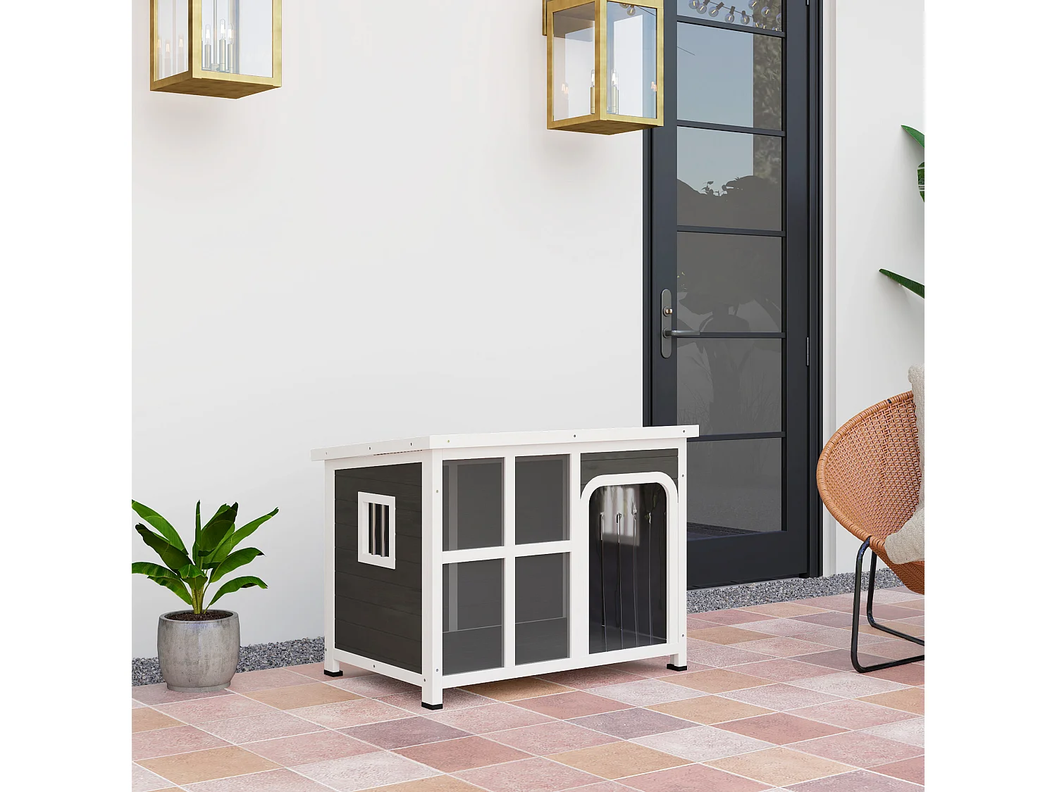 Casetta cani con finestre laterali e ingresso a tenda grigio chiaro