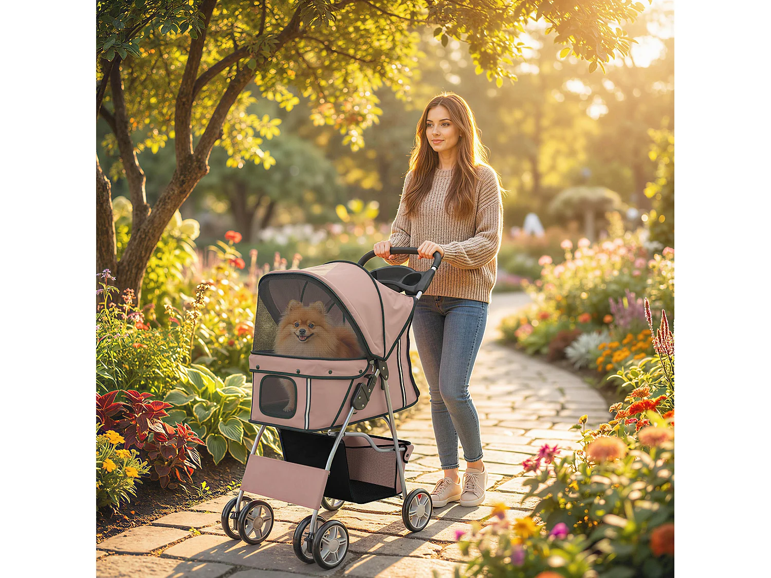 Passeggino per cani pieghevole con ruote girevoli caffè