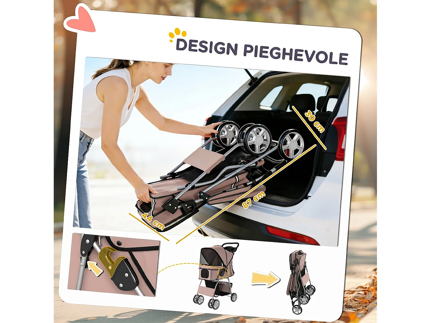 Passeggino per cani pieghevole con ruote girevoli caffè