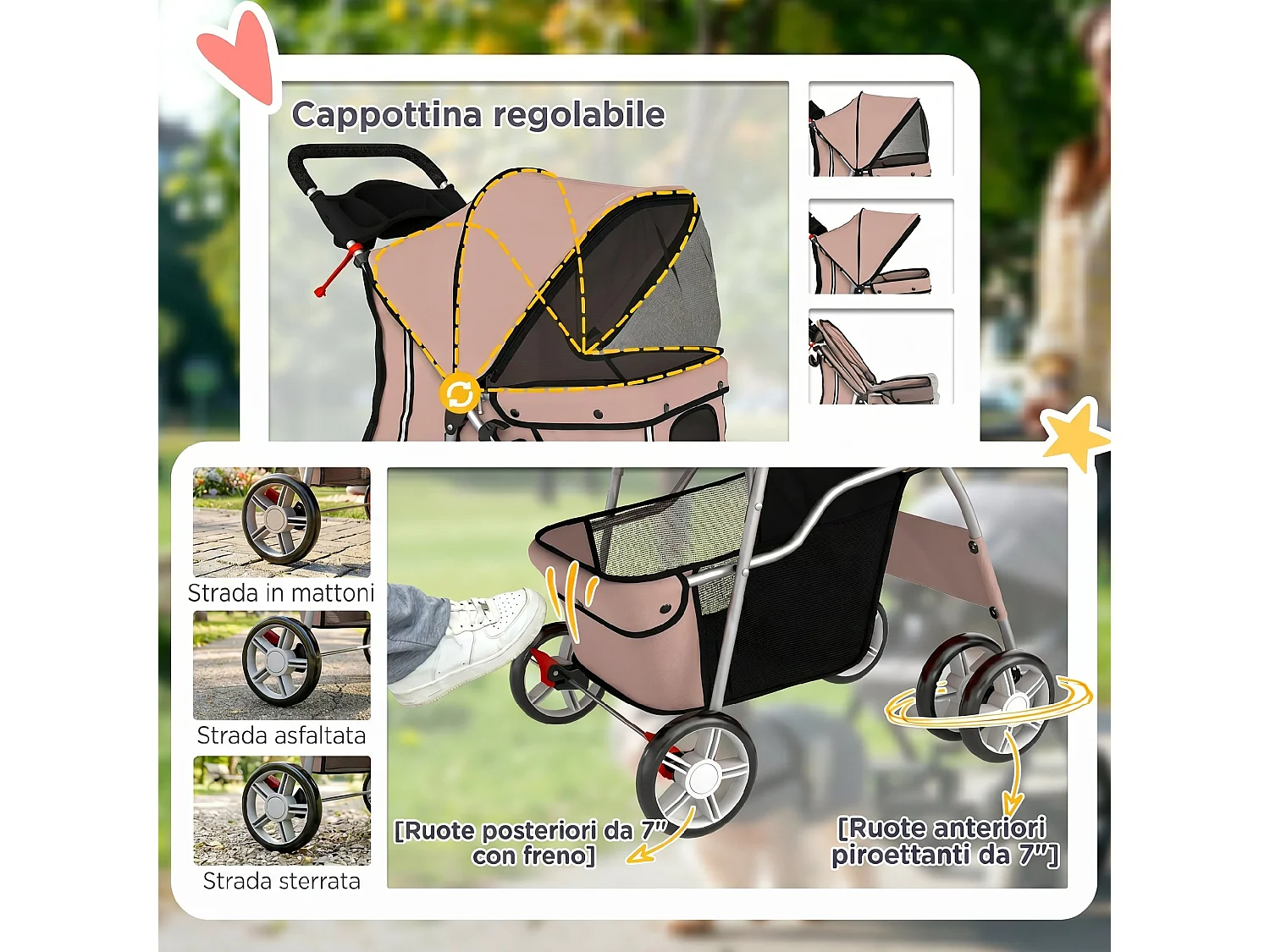 Passeggino per cani pieghevole con ruote girevoli caffè