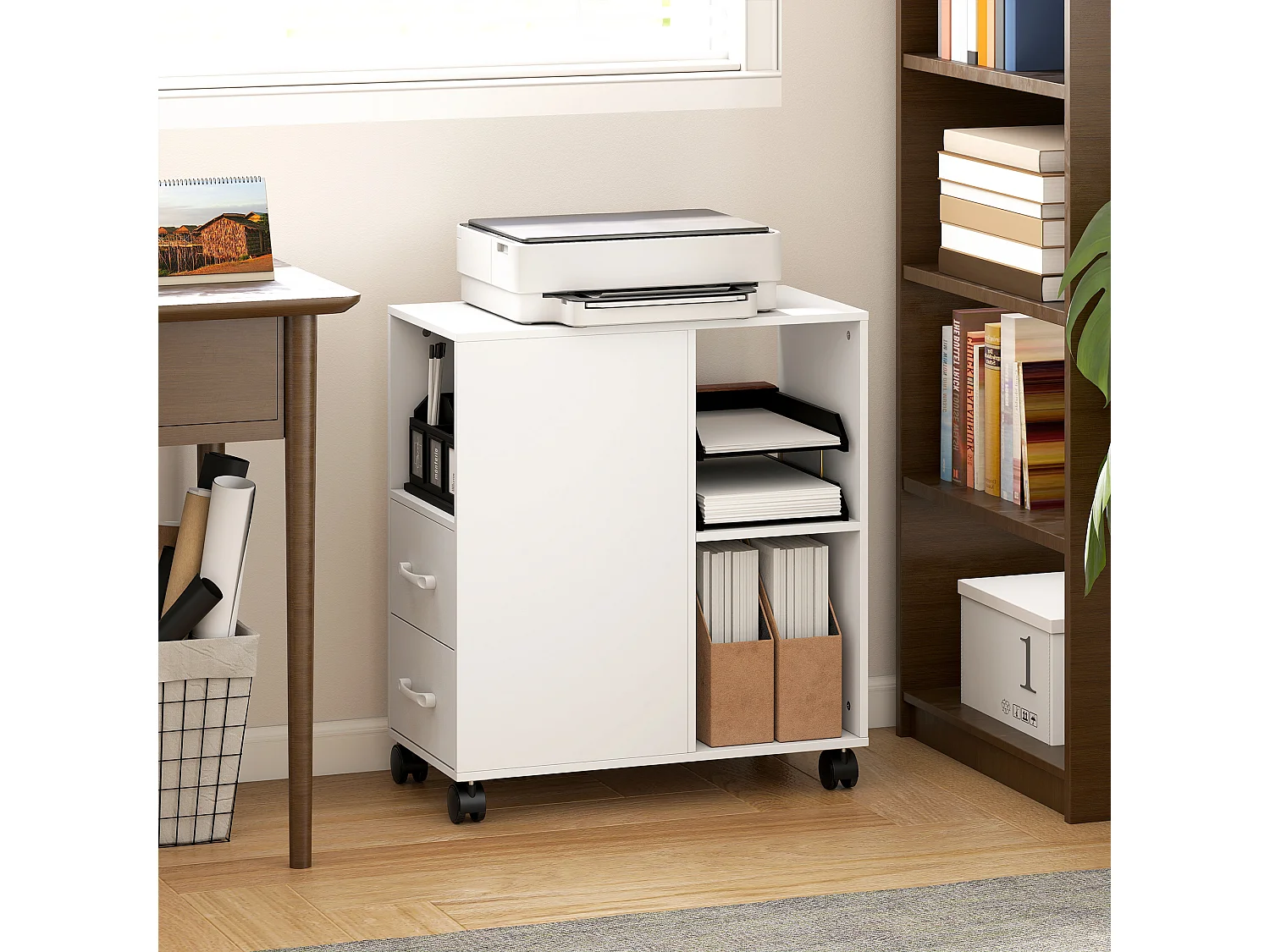 Tavolino a rotelle con cassetti vano aperto ripiano regolabile bianco