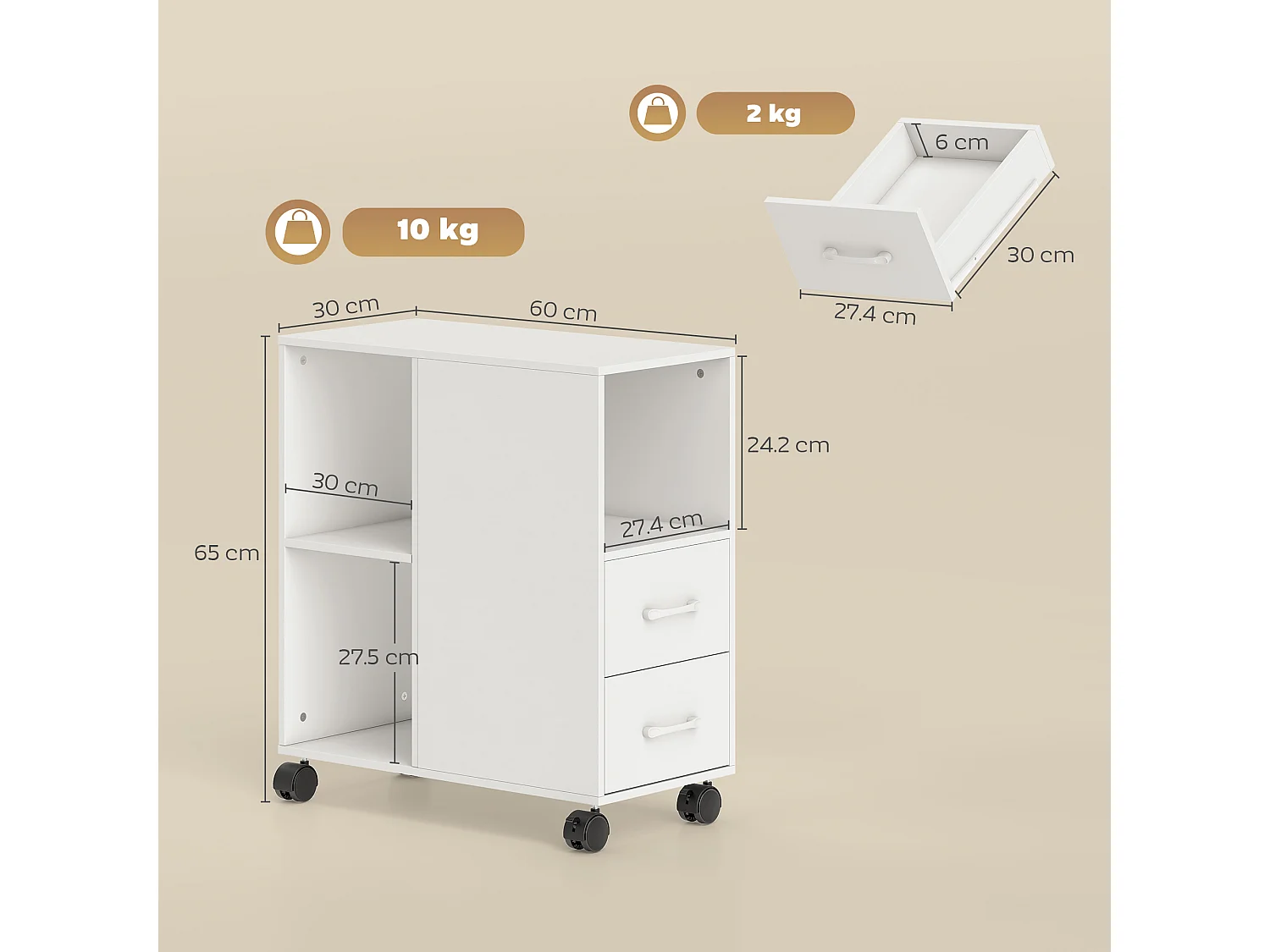 Tavolino a rotelle con cassetti vano aperto ripiano regolabile bianco