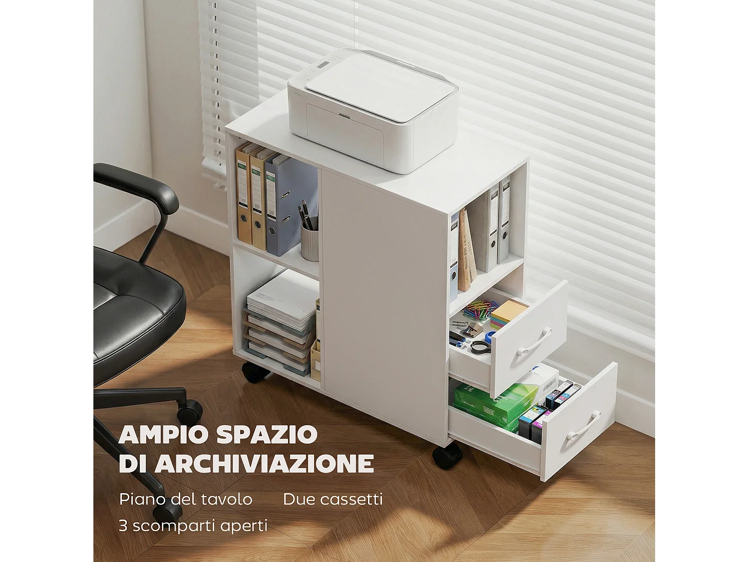 Tavolino a rotelle con cassetti vano aperto ripiano regolabile bianco