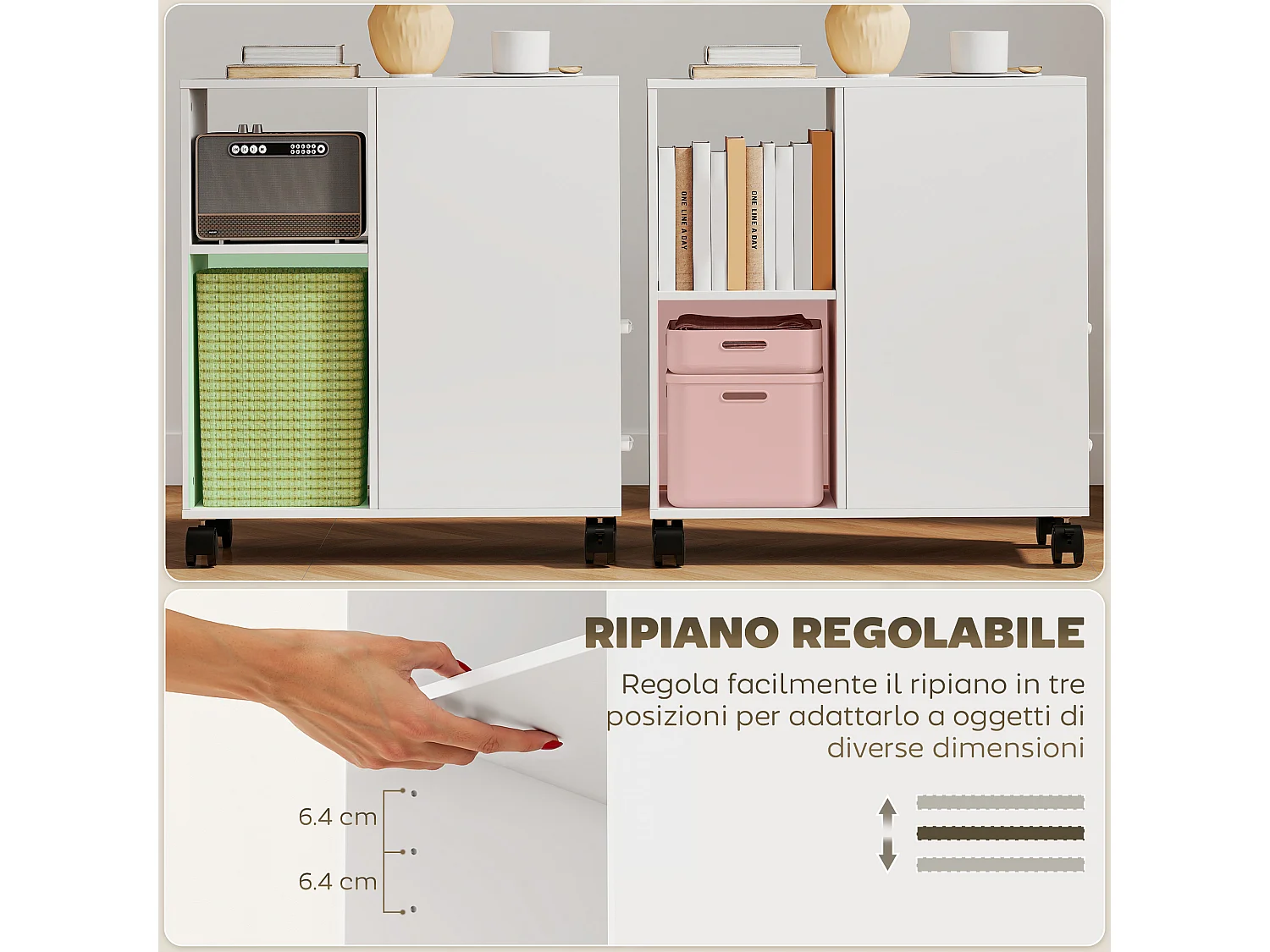 Tavolino a rotelle con cassetti vano aperto ripiano regolabile bianco