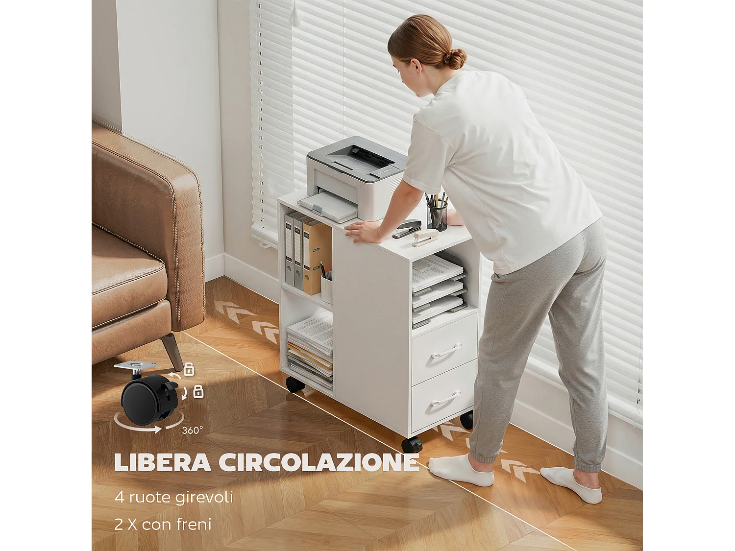 Tavolino a rotelle con cassetti vano aperto ripiano regolabile bianco