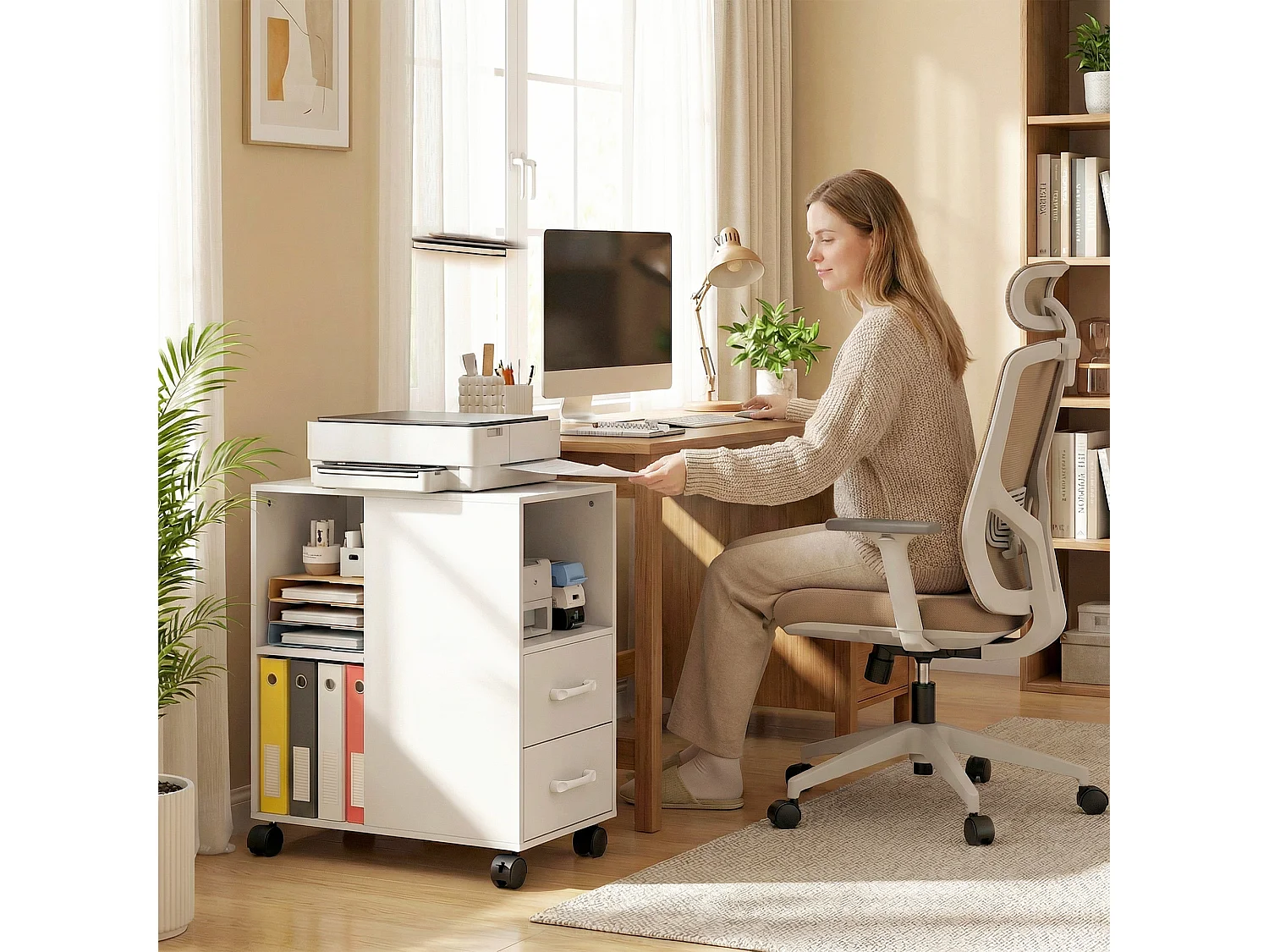 Tavolino a rotelle con cassetti vano aperto ripiano regolabile bianco