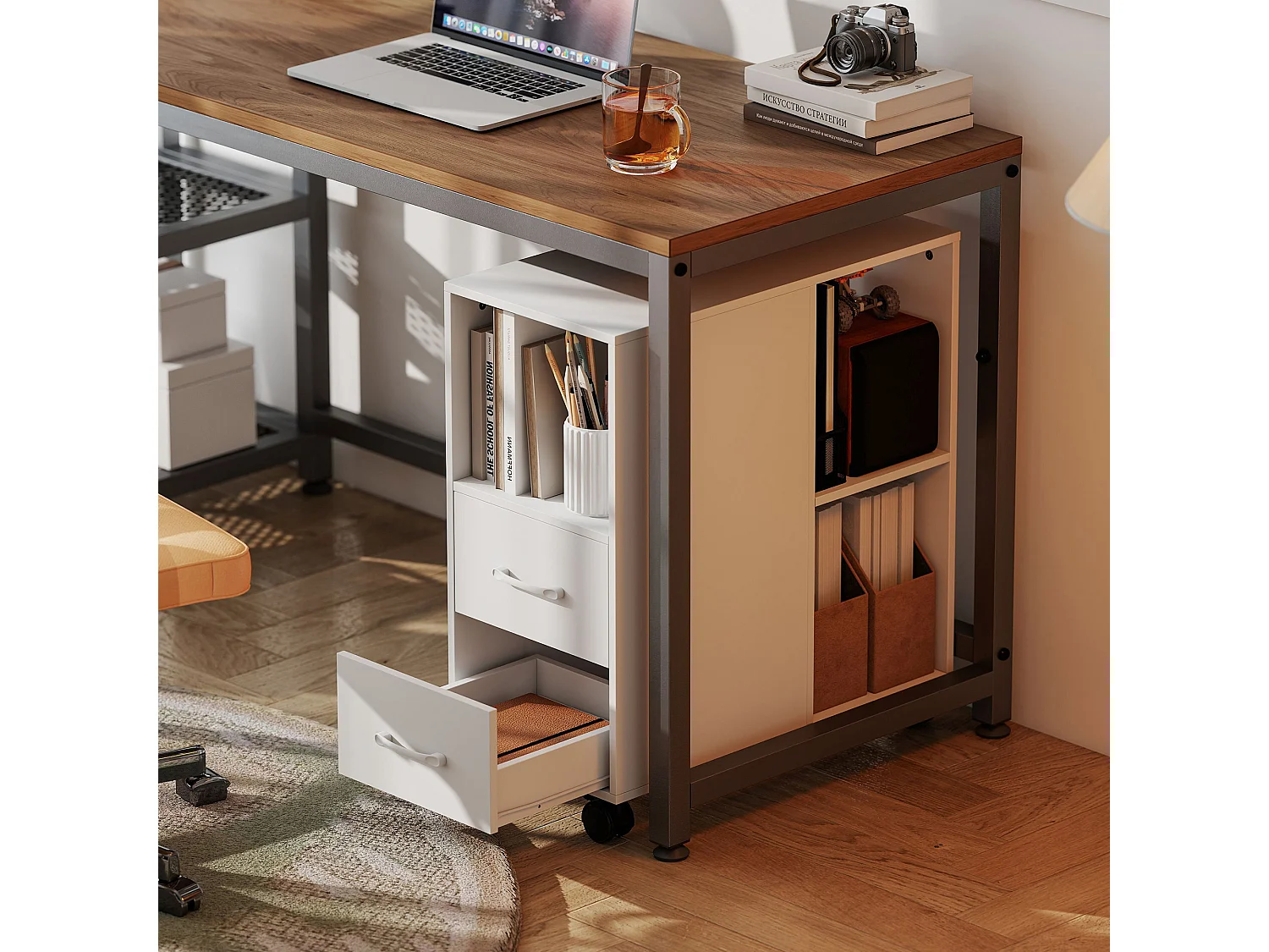 Tavolino a rotelle con cassetti vano aperto ripiano regolabile bianco