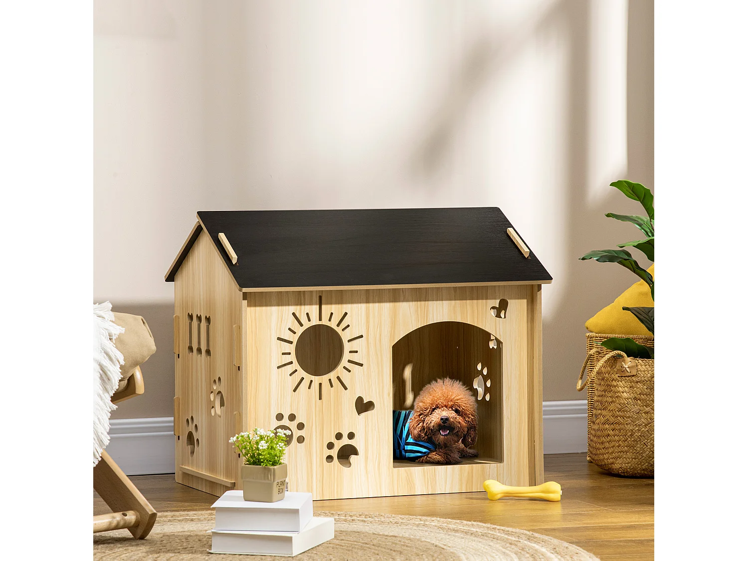 Cuccia per cani da interno a forma di casetta in legno rovere