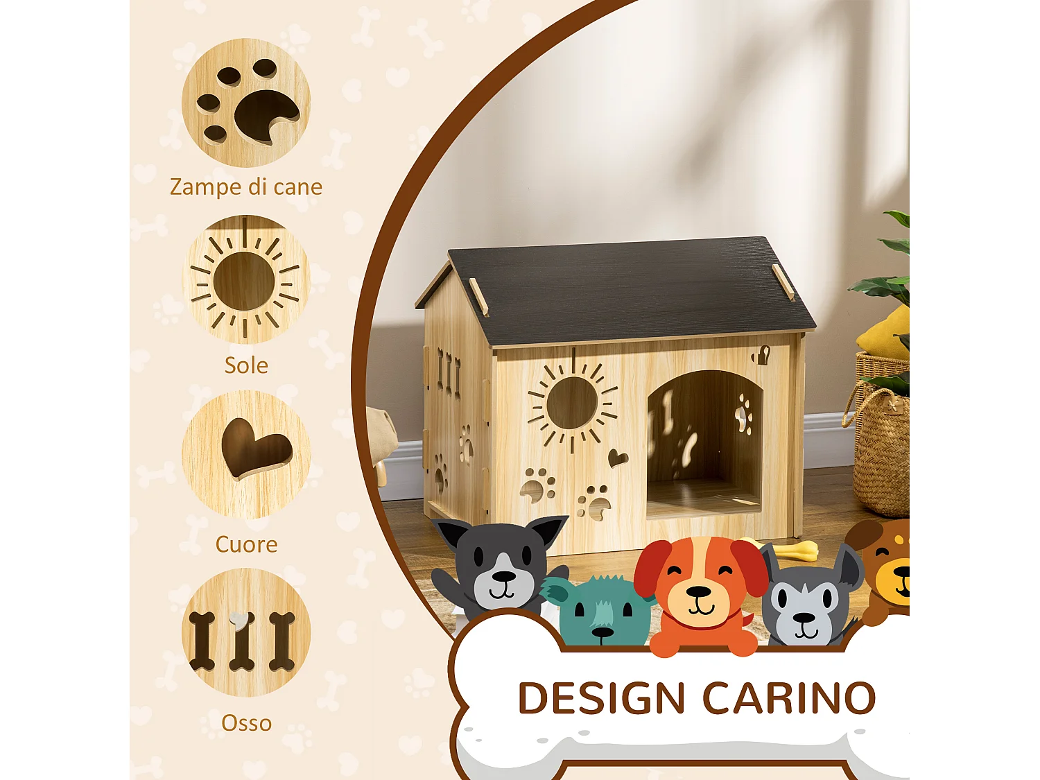Cuccia per cani da interno a forma di casetta in legno rovere