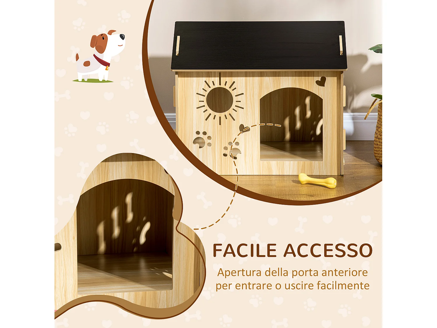 Cuccia per cani da interno a forma di casetta in legno rovere