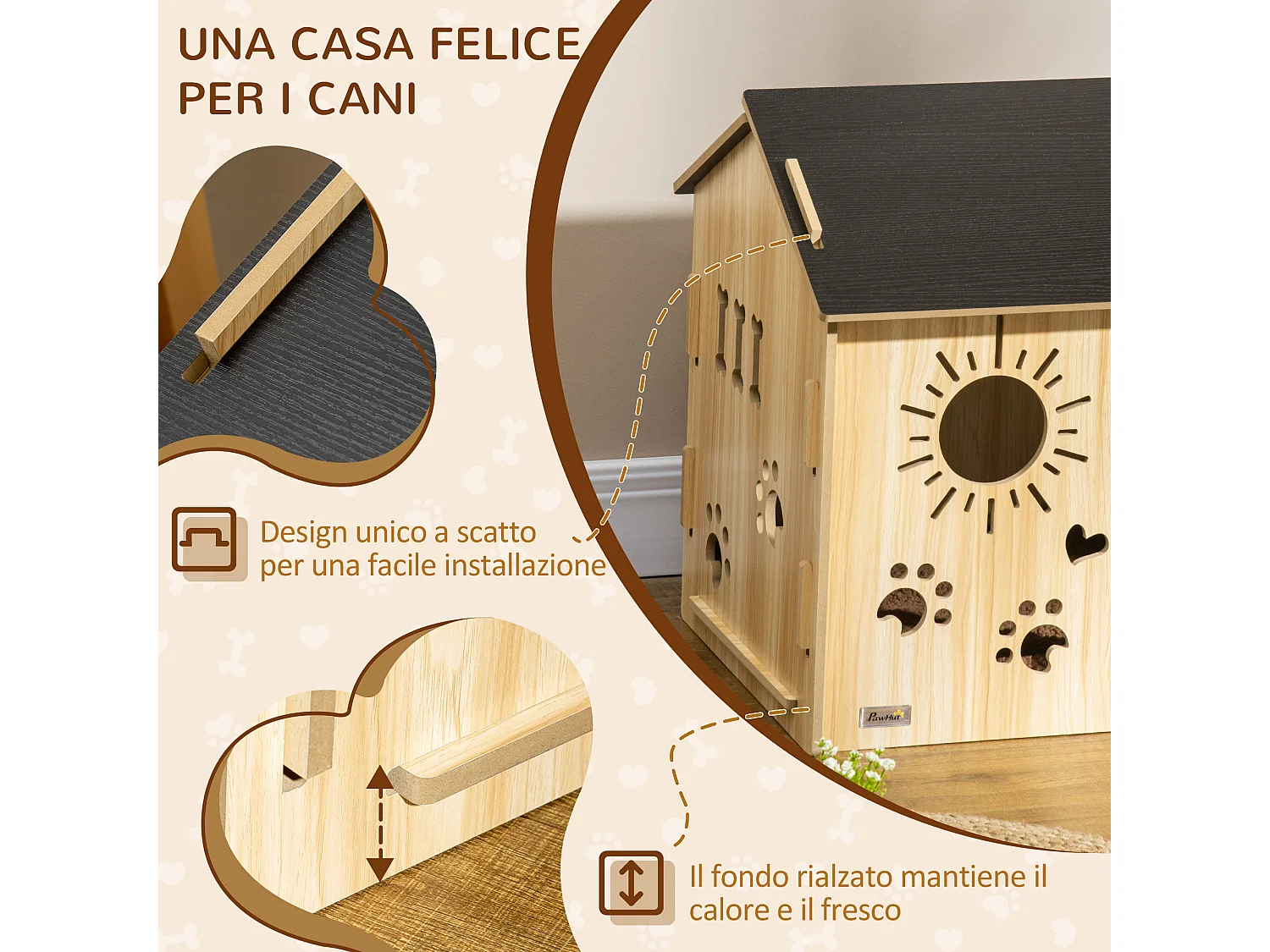 Cuccia per cani da interno a forma di casetta in legno rovere