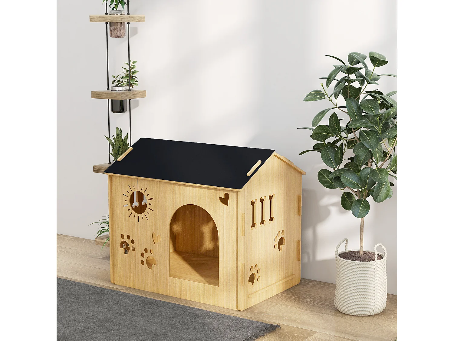 Cuccia per cani da interno a forma di casetta in legno rovere