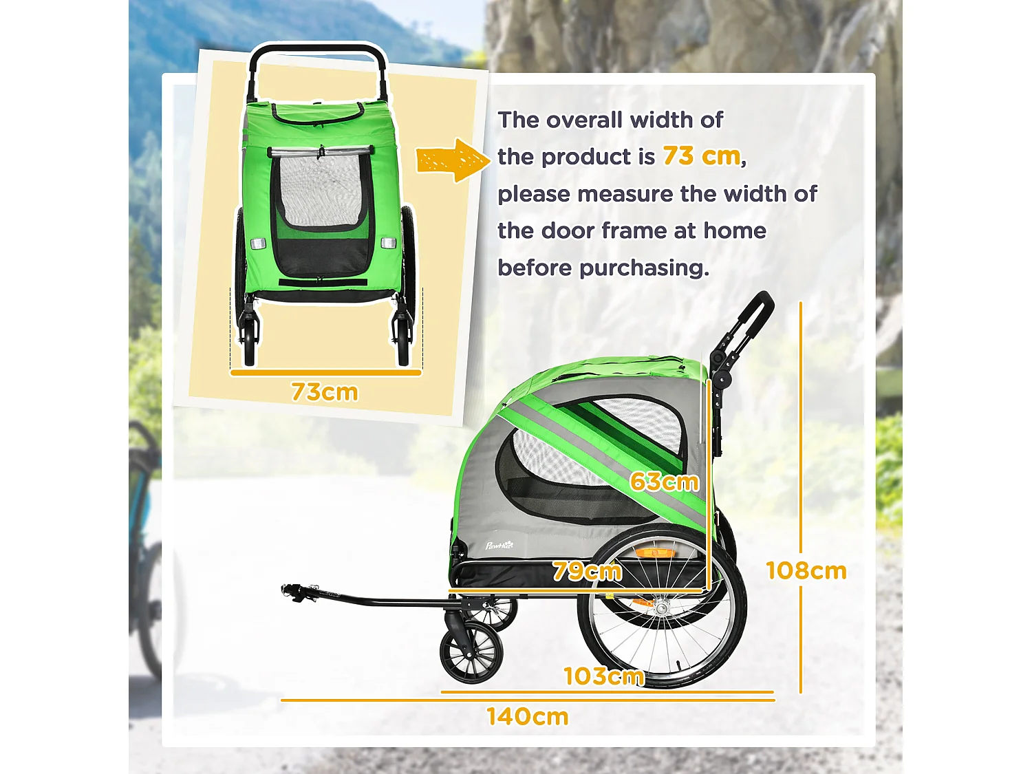 Rimorchio bici e passeggino per cani 2 in 1 in tessuto oxford verde