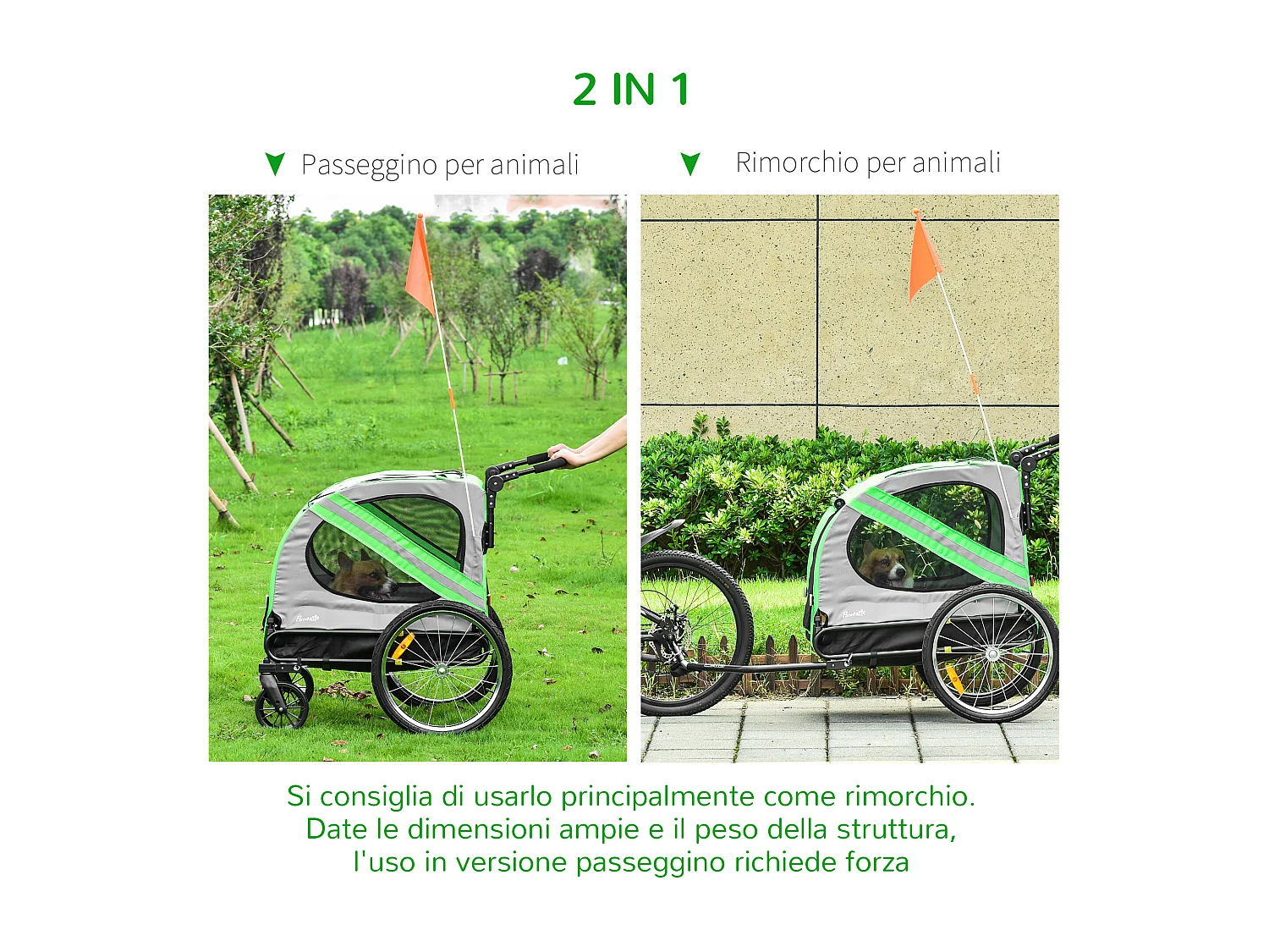 Rimorchio bici e passeggino per cani 2 in 1 in tessuto oxford verde