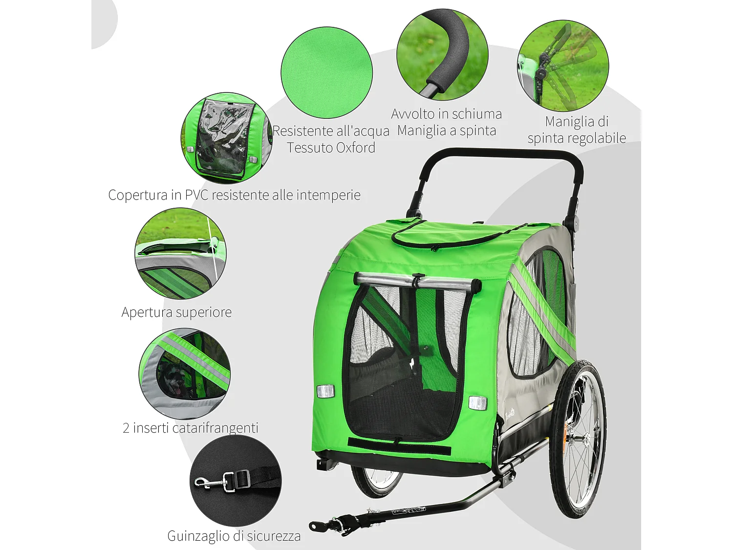 Rimorchio bici e passeggino per cani 2 in 1 in tessuto oxford verde