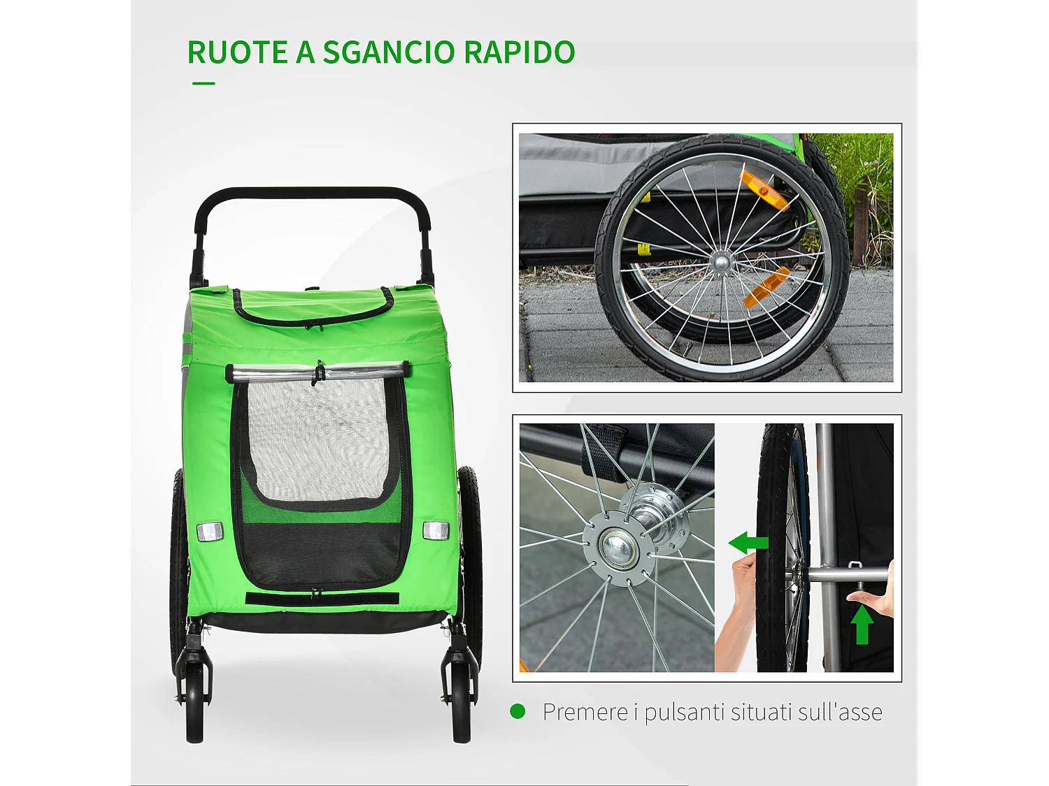 Rimorchio bici e passeggino per cani 2 in 1 in tessuto oxford verde