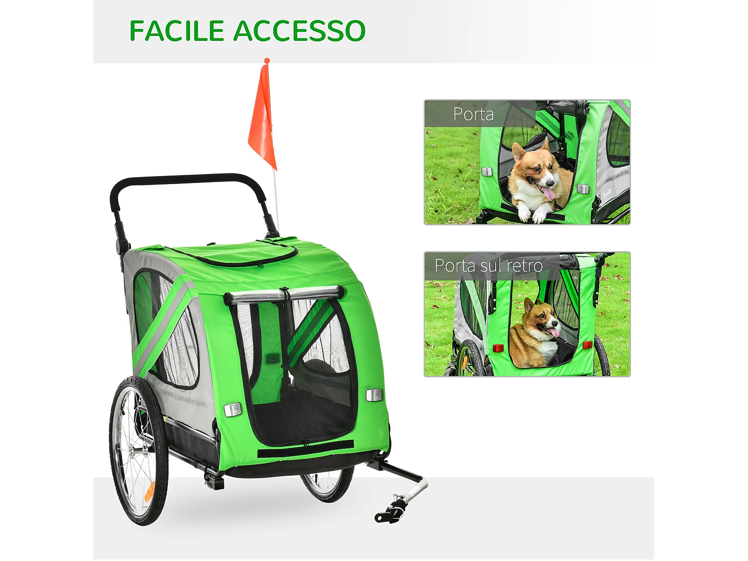 Rimorchio bici e passeggino per cani 2 in 1 in tessuto oxford verde