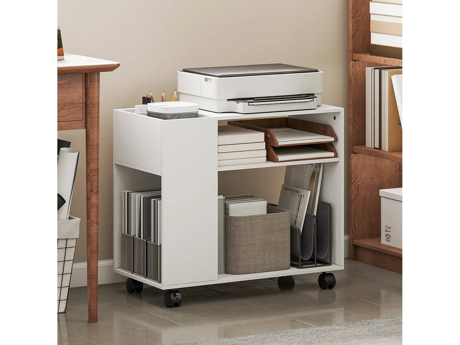 Tavolino da salotto con ruote scomparti e ripiano bianco