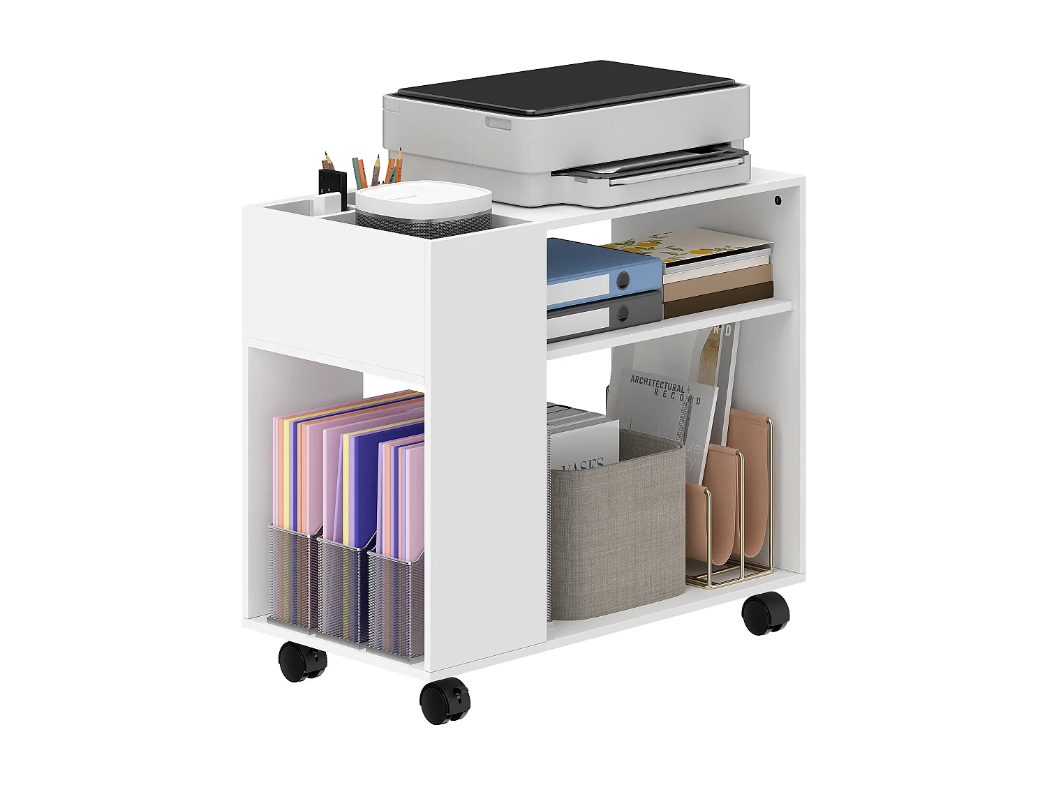 Tavolino da salotto con ruote scomparti e ripiano bianco