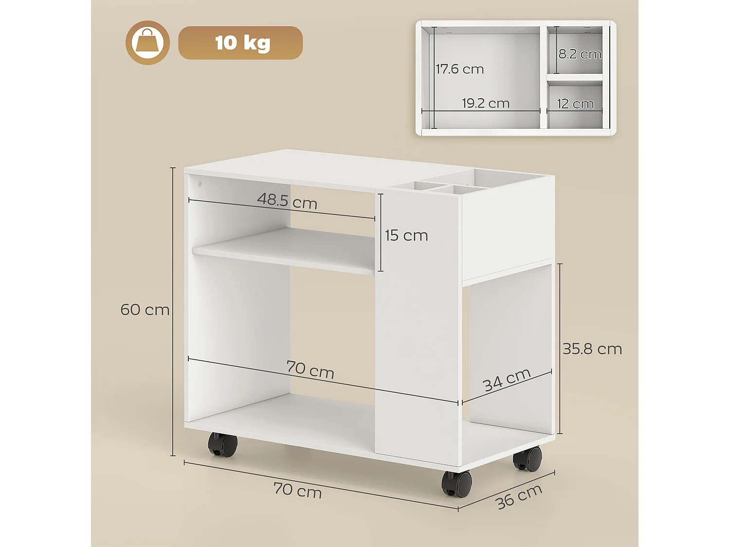 Tavolino da salotto con ruote scomparti e ripiano bianco