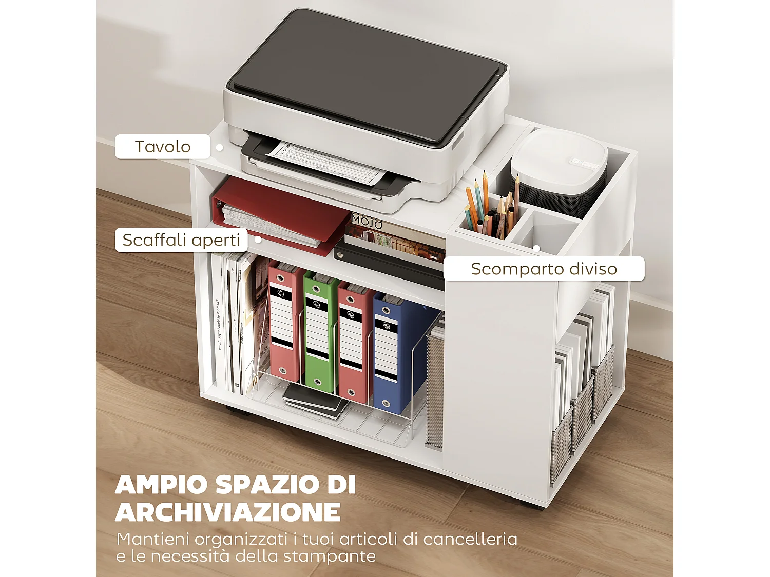 Tavolino da salotto con ruote scomparti e ripiano bianco